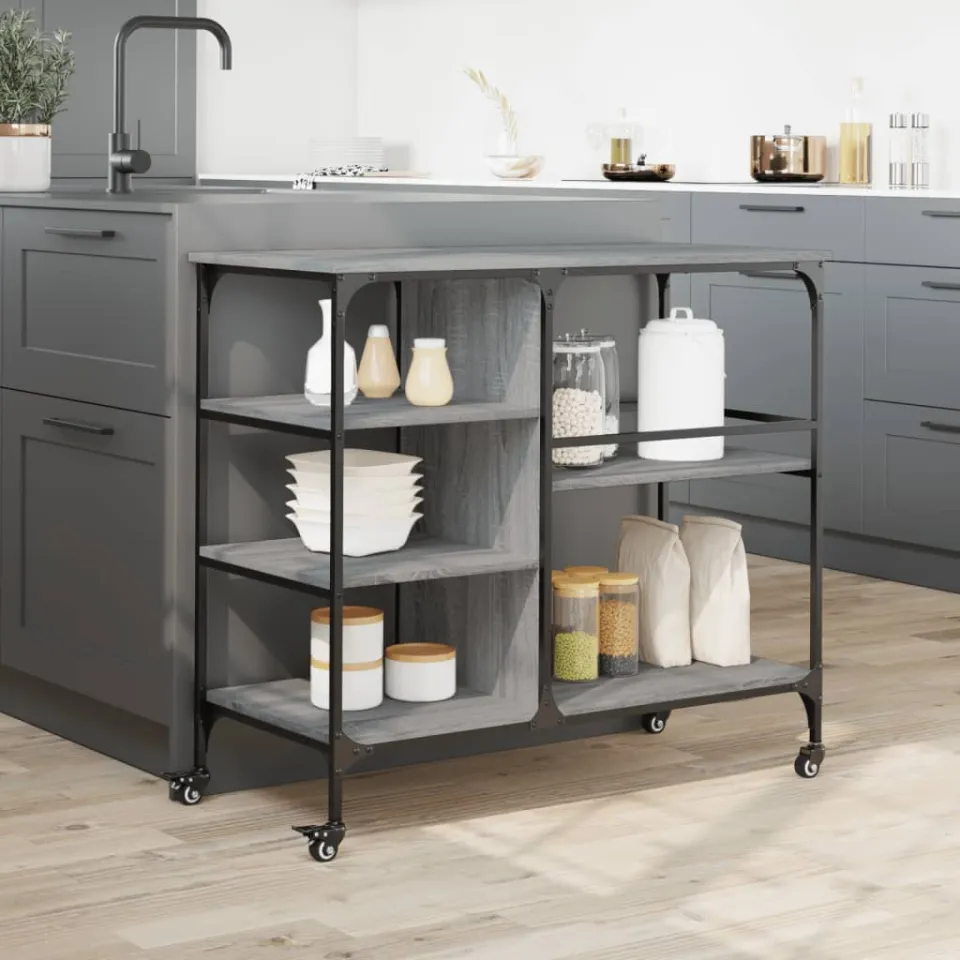 vidaXL Keukentrolley 100x45x89,5 cm bewerkt hout grijs sonoma eiken, foto 4