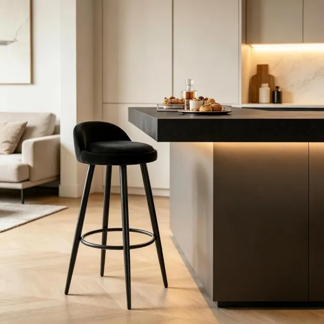MODENUIT Barkruk 78,5 cm - Met Rugleuning En Voetensteun - Voor Keuken Eiland En Bar - Metaal Velvet - Zwart