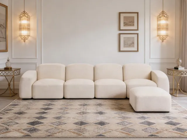 Elvora Lounge – Koningstijl – Ivory Bouclé Bank – Inclusief Hocker – Organisch Design – Luxe Loungebank voor Woonkamer