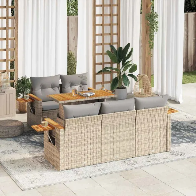 vidaXL 6-delige Loungeset met kussens poly rattan acacia beige, foto 2