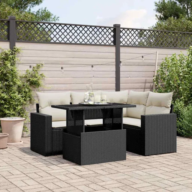 vidaXL 5-delige Loungeset met kussens poly rattan zwart, foto 2