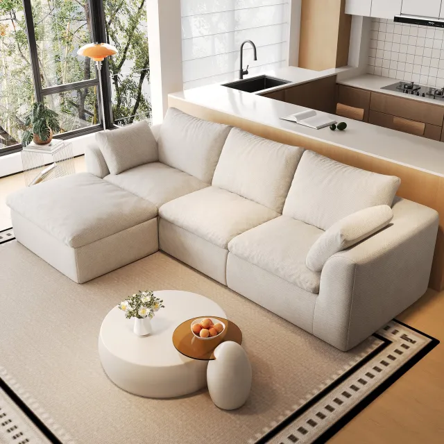 STILVORA Hoekbank 245 x 155 x 83 cm - Vier Zitplaatsen en Zacht Zitcomfort - L-Vormige Bank voor de Woonkamer - Linnen - Beige-Wit