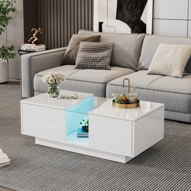 MODENUIT Salontafel - Met LED-Verlichting En 2 Laden - Voor Woonkamer Of Slaapkamer - MDF Wit - 100x50x35 Cm