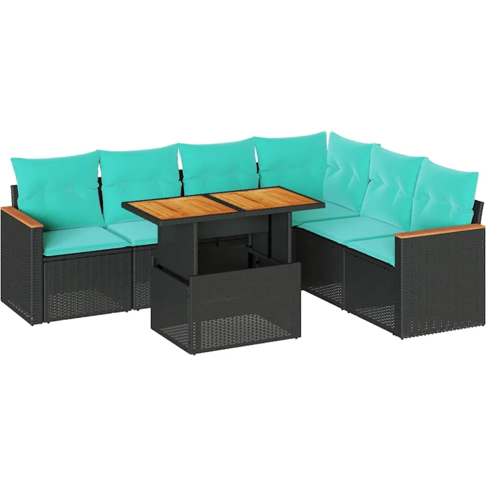 vidaXL 7-delige Loungeset met kussens poly rattan zwart, foto 3
