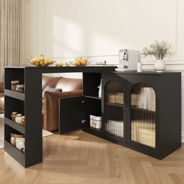 HAUSS SPOLE Dressoir - 360° Draaibaar Eet- En Barkast - Glasdeuren Met Metaalgreep - Open En Gesloten Opbergruimte - MDF - 120x40x97 Cm - Zwart