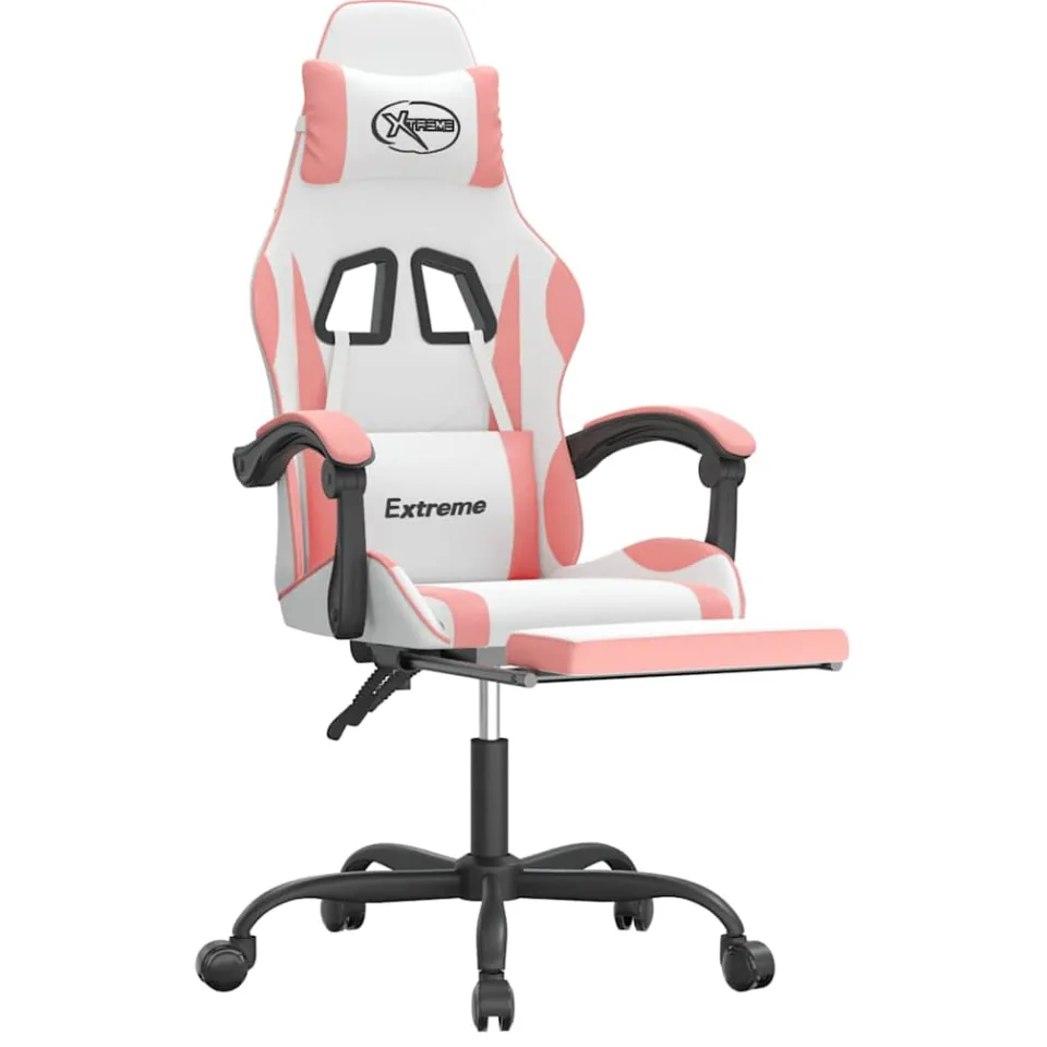 vidaXL Gamestoel draaibaar met voetensteun kunstleer wit en roze, foto 4