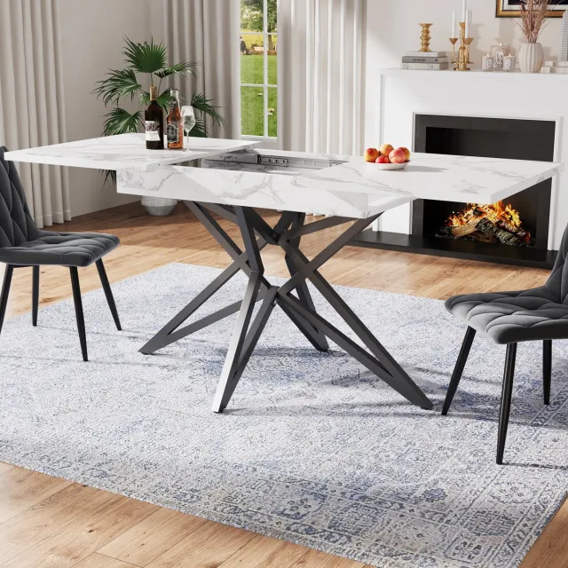 OKWISH Eettafel Uitschuifbaar - Marmerlook Tafelblad - Stervormige Metalen Poten - Voor Eetkamer En Keuken - Wit - 120 160x80x66,1 Cm