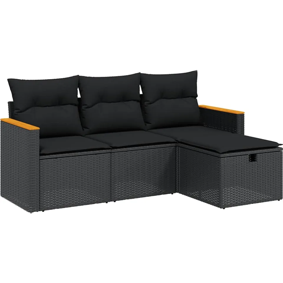 vidaXL 4-delige Loungeset met kussens poly rattan zwart, foto 3