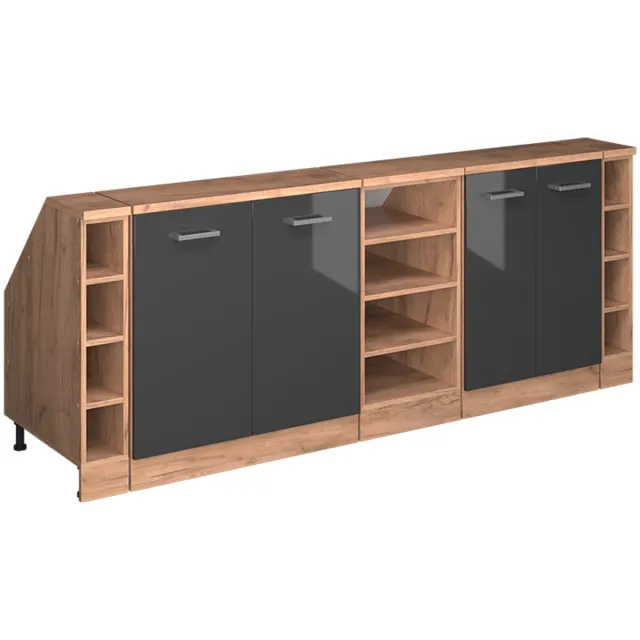 Vicco R-Line Keukenkast voor schuine wand – 210 cm Set van 5 kastrompen 60 cm diepte Antraciet Hoogglans Antraciet Hoogglans/Goudkleurig Eiken