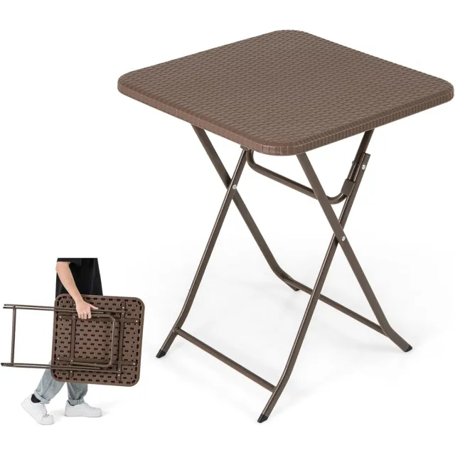 KOMFOTTEU Opvouwbare picknicktafel voor 2 personen, met HDPE-blad, vierkante terrastafel met rotantextuur, metalen frame, geen montage, voor binnen en buiten Bruin
