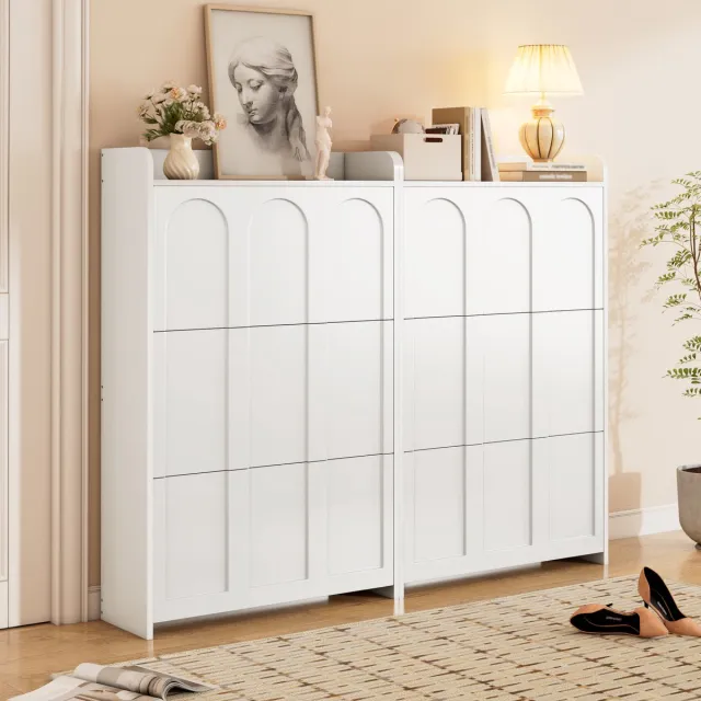 OKWISH Schoenkast Set Van 2 – 140 X 25 X 120 Cm – 6 Klepdeuren 12 Vakken – Met Bovenlade – Voor Hal Woonkamer Kantoor – MDF Wit