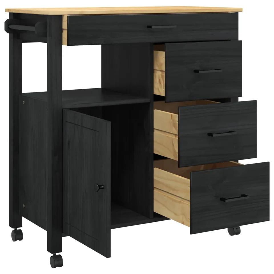 vidaXL Keuken Trolley MONZA Zwart 84 x 40 x 88,5 cm Massief Vurenhout, foto 4