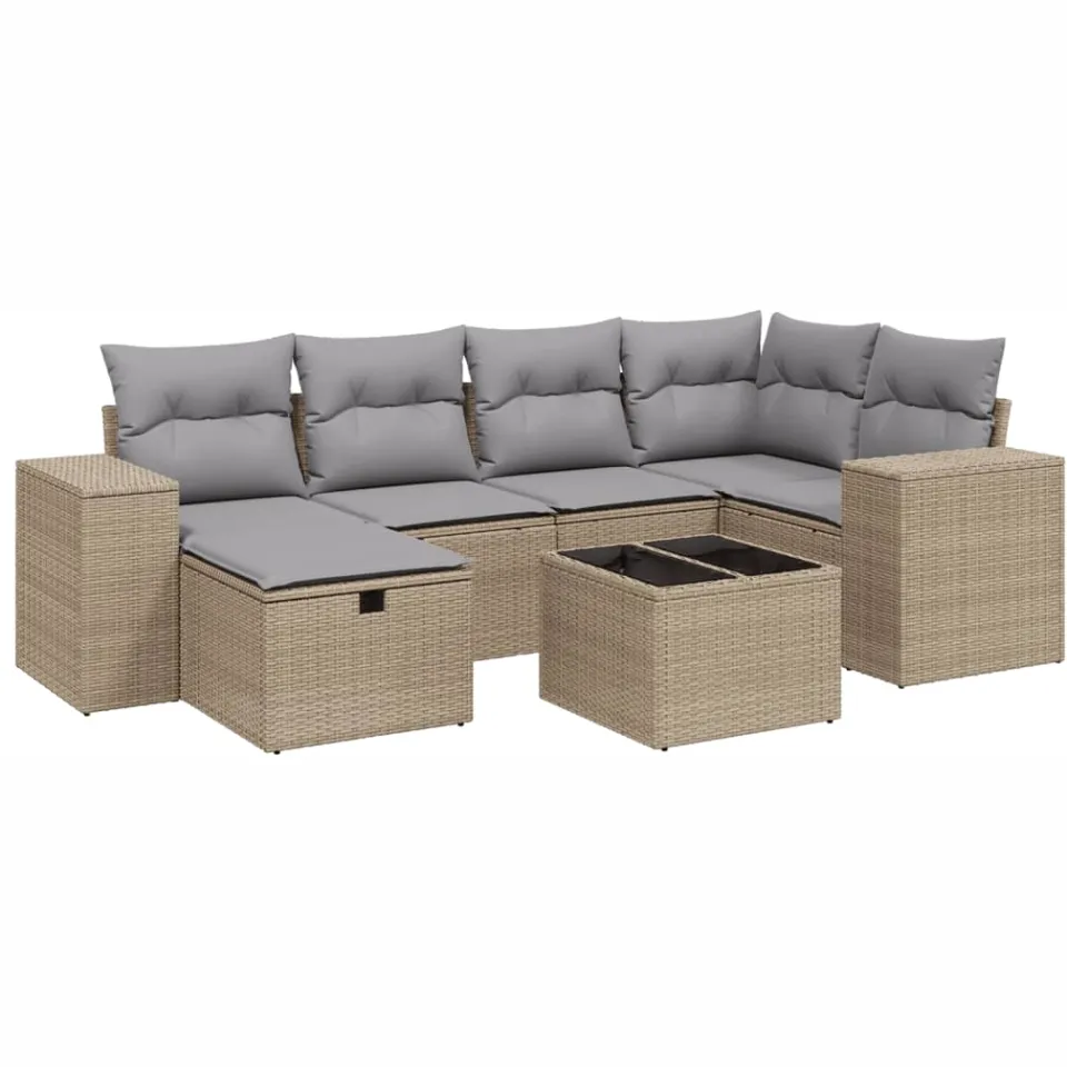 vidaXL 7-delige Loungeset met kussens poly rattan gemengd beige