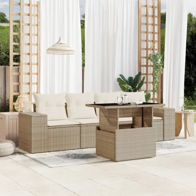 vidaXL 5-delige Loungeset met kussens poly rattan beige, foto 2