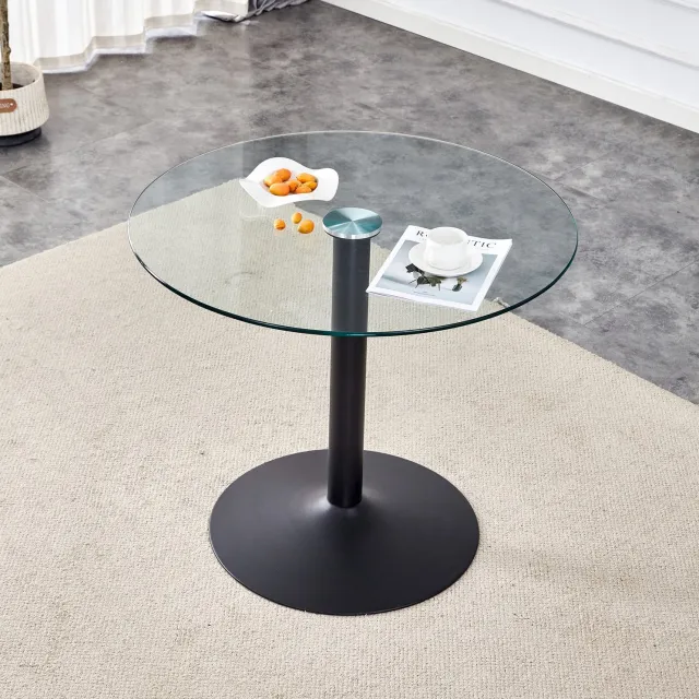CHICFURN Eettafel - Ronde glazen tafel - Metalen voet - Zwart transparant