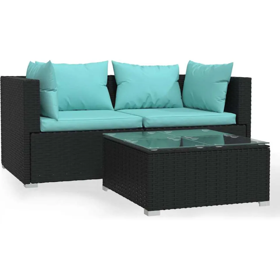 vidaXL 3-delige Loungeset met kussens poly rattan zwart, foto 3