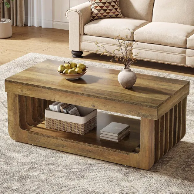Questyr salontafels - voor woonkamer - rechthoekige houten middentafel - met 2 niveaus en opbergplank donkerbruin houtlook