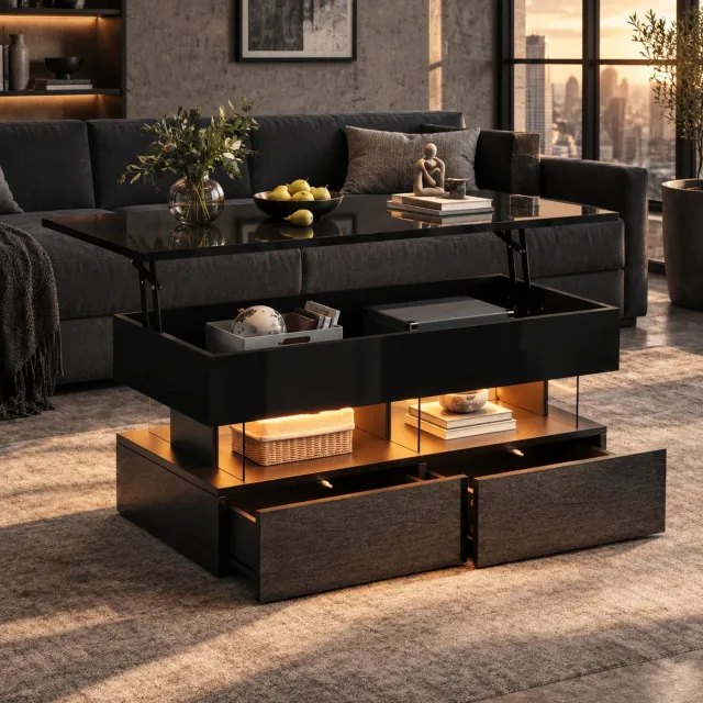 Maisentiel Salontafel 100 x 50 x 46 cm - verstelbaar blad, LED, MDF, zwart