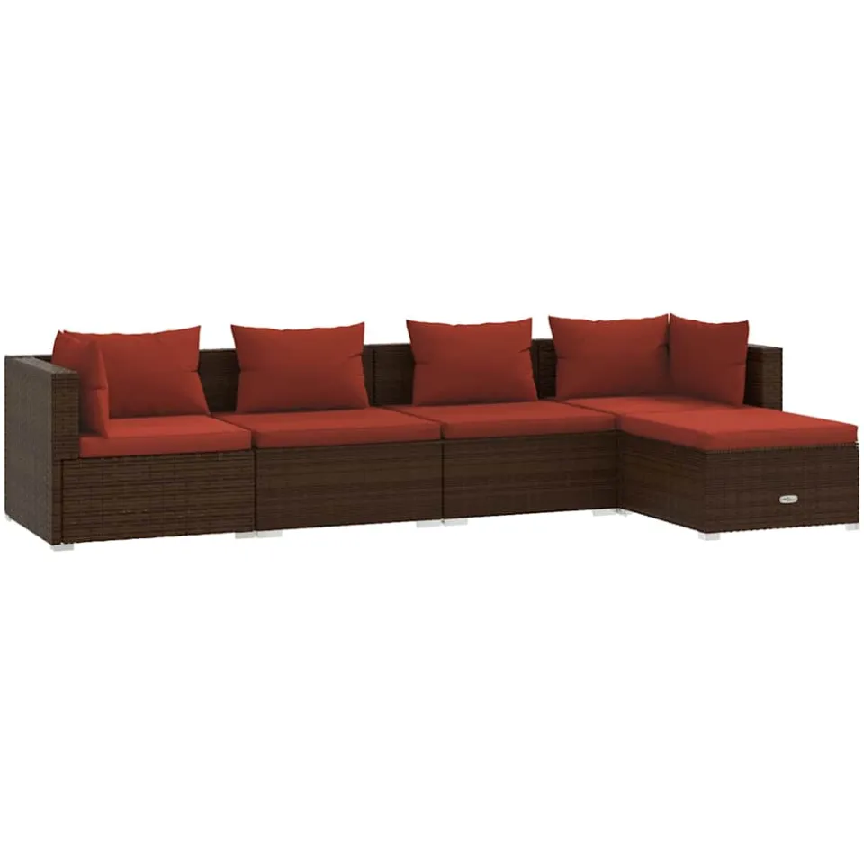 vidaXL 5-delige Loungeset met kussens poly rattan bruin, foto 3