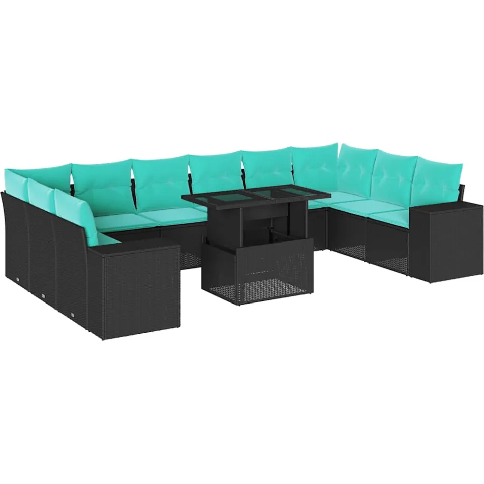 vidaXL 11-delige tuinbankset met kussens, zwart polyrotan