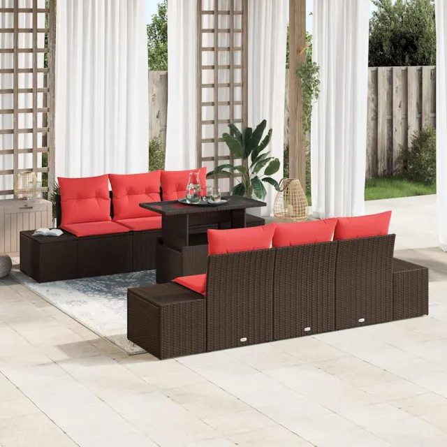 vidaXL Bankstel 7 st 6-zits Bruin en Rood poly rattan