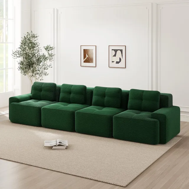 Wishdor Modulaire 4-Zits Bank - Diepe Zitting En Antislip Onderzijde - Minimalistisch Ontwerp Voor Woonkamer - Zachte Ribstof - Groen Groente