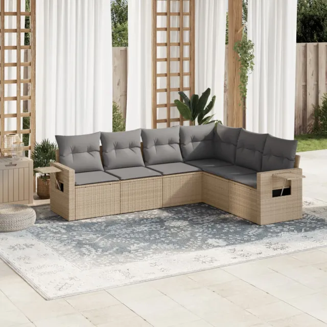 vidaXL 6-delige Loungeset met kussens poly rattan beige, foto 2