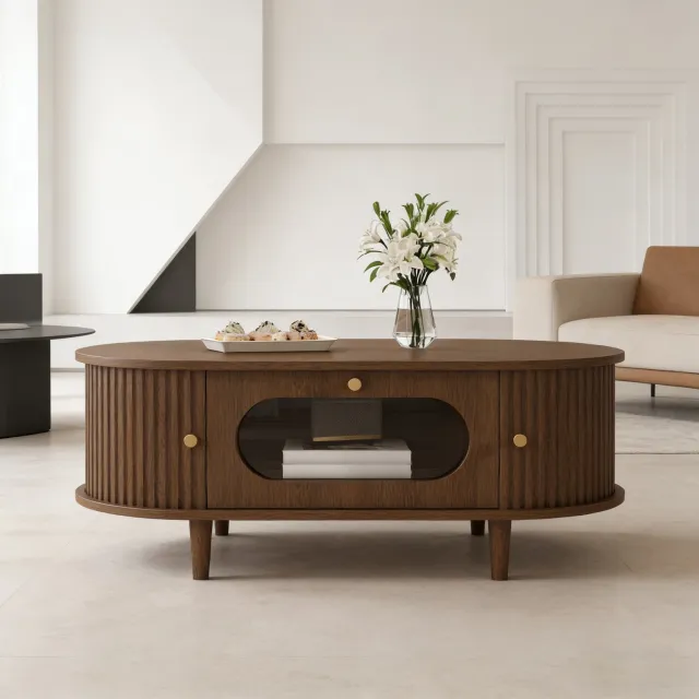 MEUNIQ Salontafel 100 x 50 x 36 cm met lade, 2 roldeuren en opbergruimte, walnootkleurig fineer en 4 poten, voor de woonkamer