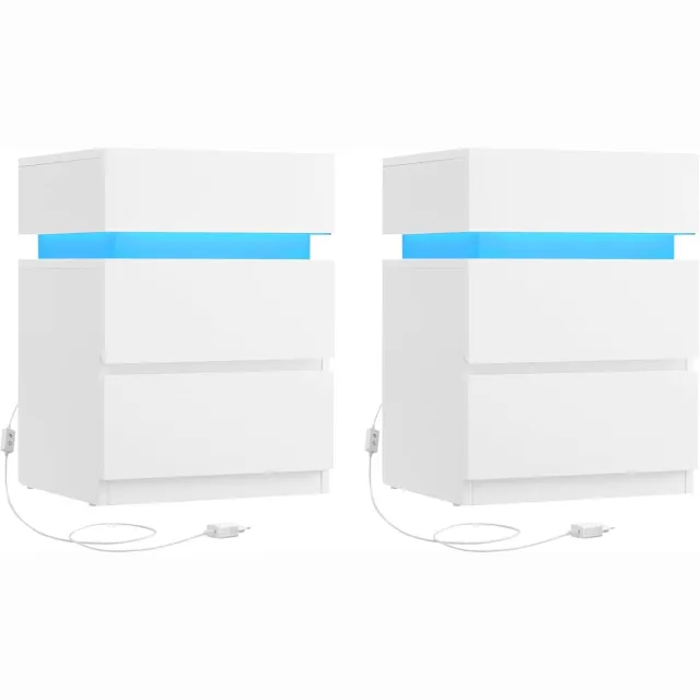 FurnStar Nachtkastje met ledverlichting - Set van 2 - Bijzettafel - Verstelbare kleuren - Banktafel met 3 laden - Nachtkastje slaapkamer - Modern - 35 x 40 x 55 cm - Wit Wit Double