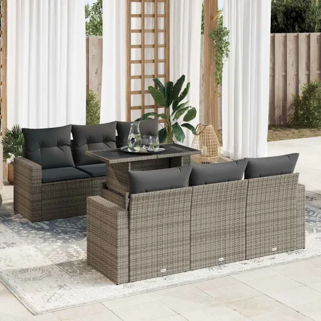 vidaXL 7-delige Loungeset met kussens poly rattan grijs, foto 2