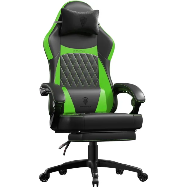 Dowinx Ergonomische Bureaustoel / Gamingstoel – Met Massagefunctie – Met Voetensteun – Voor Thuiswerken En Gamen – Pocketveren Zitkussen – Dubbel gevoerde Rugleuning & Verstelbaar Lendenkussen – Met Armleuningen en Voetensteun – Zwart en groen