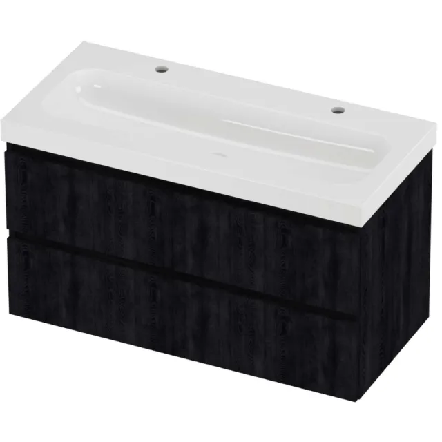 Proline Haga Badmeubelset Polystone Mezza 2 Kraangaten 100x46x58 cm Glans Wit Charcoal Oak Eiken