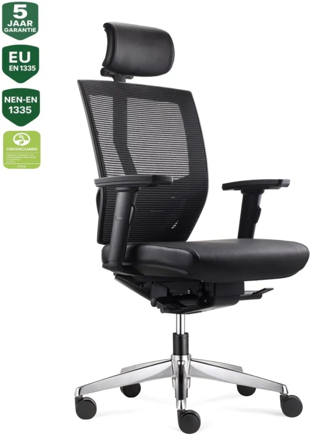 Bens 807HCL-Synchro-3 - Ergonomische Bureaustoel - Bureaustoelen voor volwassenen - Kantoorstoel - met Hoofdsteun - Lederen uitvoering - Uitermate geschikt voor langere personen - NEN-EN1335 & ARBO normen - GREENGUARD GOLD Zwart Leder