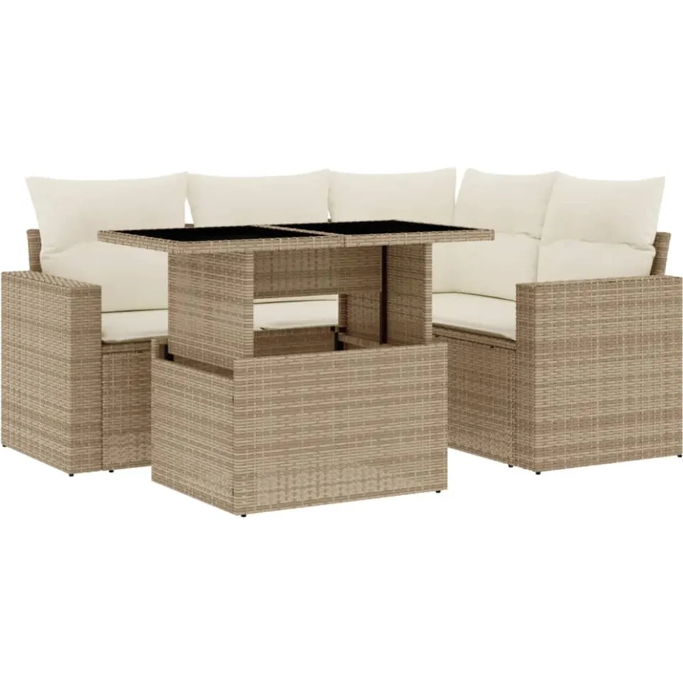 vidaXL 5-delige Loungeset met kussens poly rattan beige, foto 3