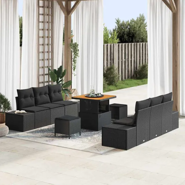 vidaXL Tuinbankenset 9 st Zwart poly rattan, foto 2