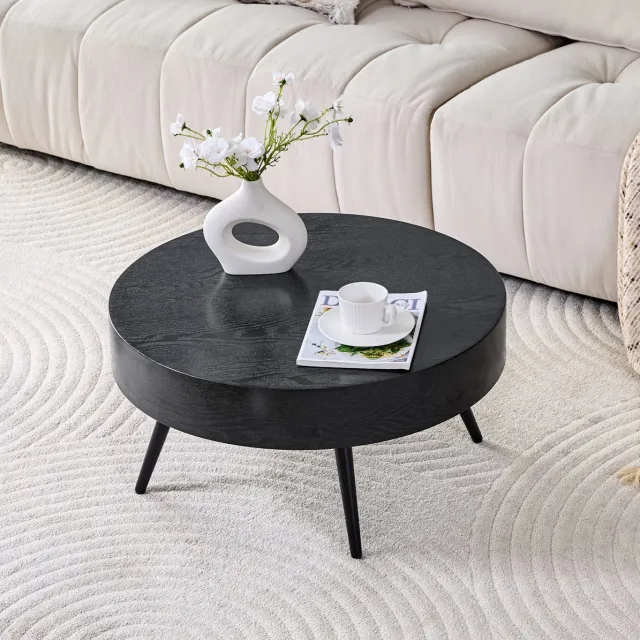 MEUNIQ Ronde salontafel Ø 70 cm met zwart MDF tafelblad in houtlook, metalen poten en verstelbare antislipvoeten voor de woonkamer