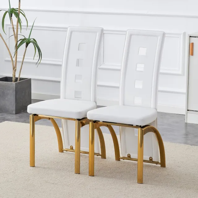 Welltin Eetkamerstoelen Set Van 2 - Eetkamerstoel - Eetkamerstoelen - Opengewerkte patronen - Gewatteerde zitting - PU - Metalen stoelpoten - Modern Design - Wit, goud