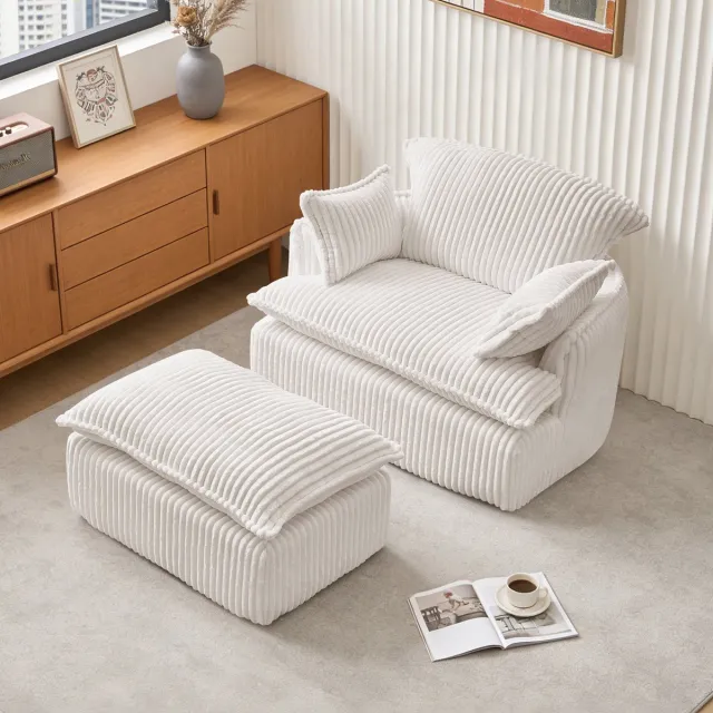 MEUNIQ compacte fauteuil met hocker 115 x 89 x 77 cm in beige, flanellen bekleding, dikke zitkussen, voor woonkamer of studentenwoning