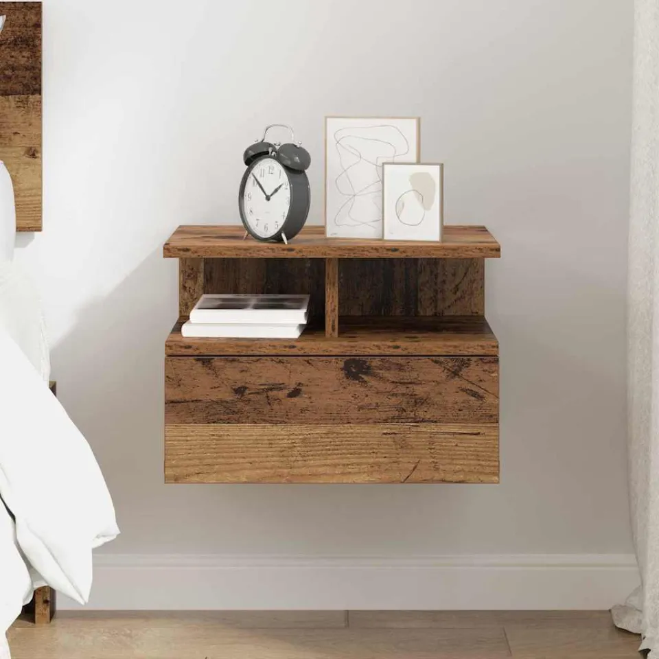 vidaXL Vliegend Nachtkastje Oudhout 40 x 31 x 28 cm Bewerkt hout bruin, foto 4