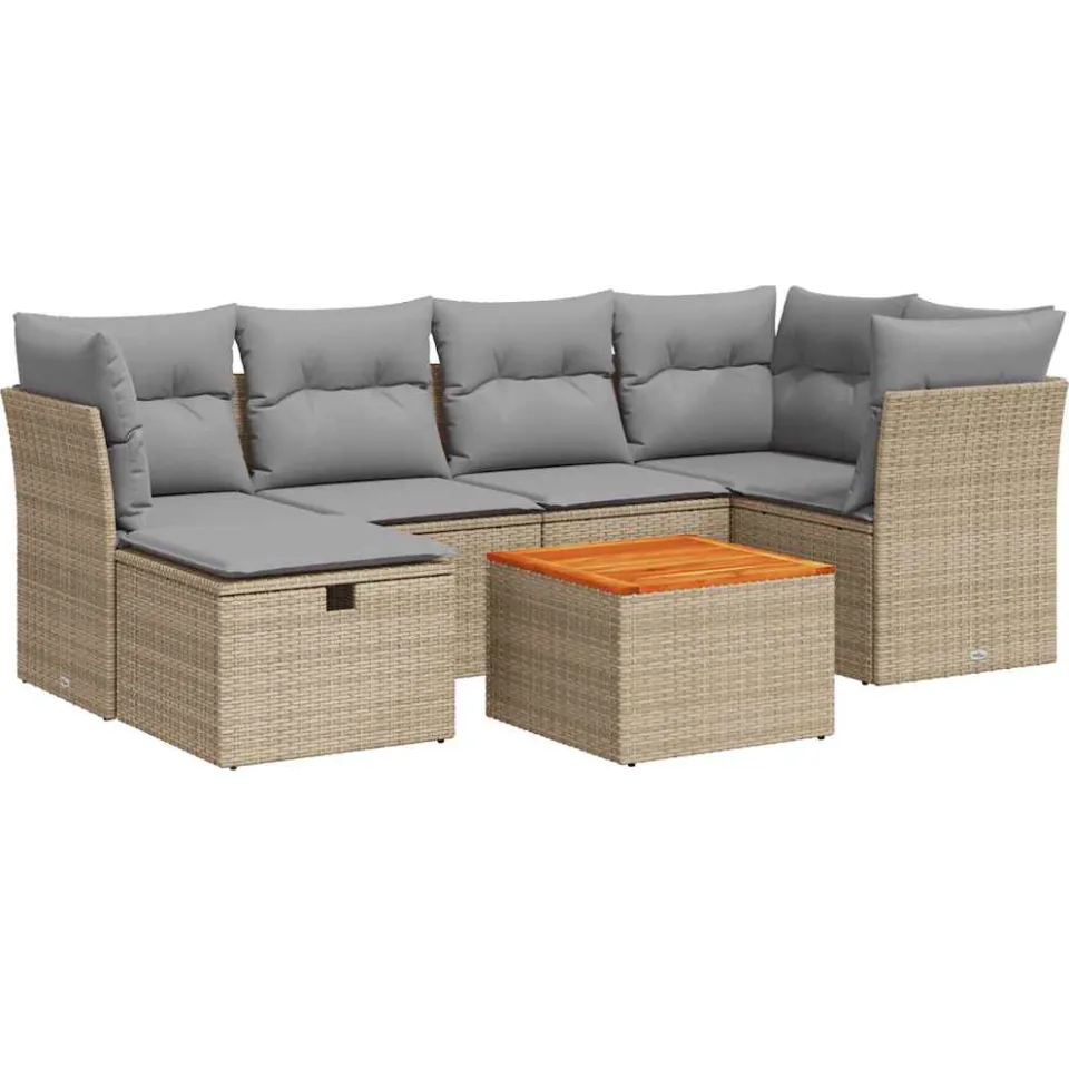 vidaXL 7-delige Loungeset met kussens poly rattan beige, foto 3