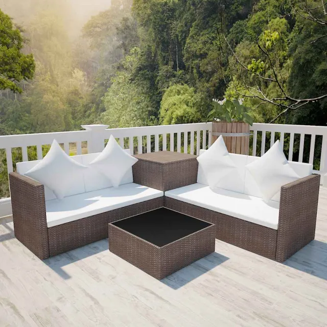 vidaXL 4-delige Loungeset met kussens poly rattan bruin