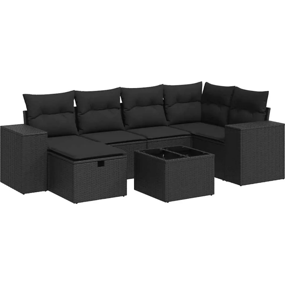 vidaXL 7-delige Loungeset met kussens poly rattan zwart, foto 3