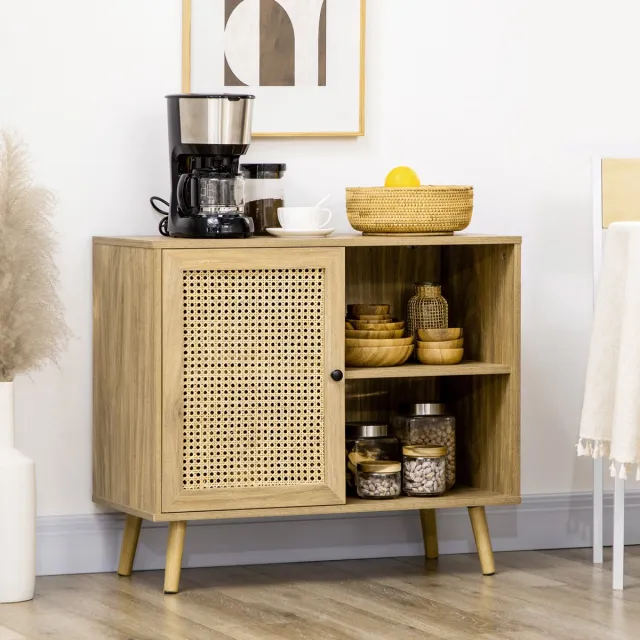 AURA LUMEN Buffetkast-Buffet opbergmeubel met rotanwaaier en houteffect - 80x39x70 cm-natuurlijke look voor woonkamer of keuken Natuurlijk hout