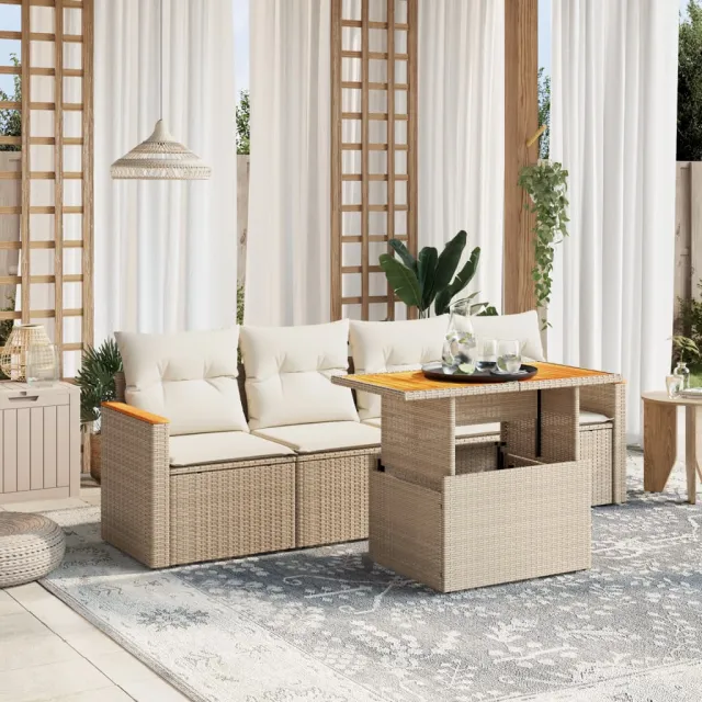 vidaXL 5-delige Loungeset met kussens poly rattan beige, foto 2