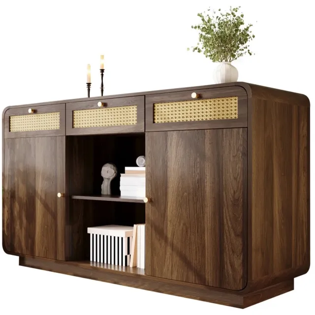 emvae Dressoir - Opbergkast - 3 Rotan Laden - 2 Deuren - 120 x 40 x 85 cm - Spaanplaat en MDF - Walnoot/Goud