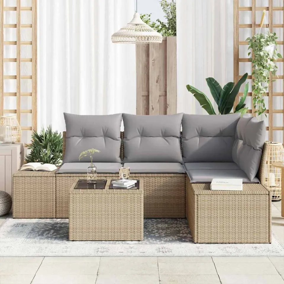 vidaXL Tuinbankenset met opslag Beige en Licht Grijs poly rattan, foto 3
