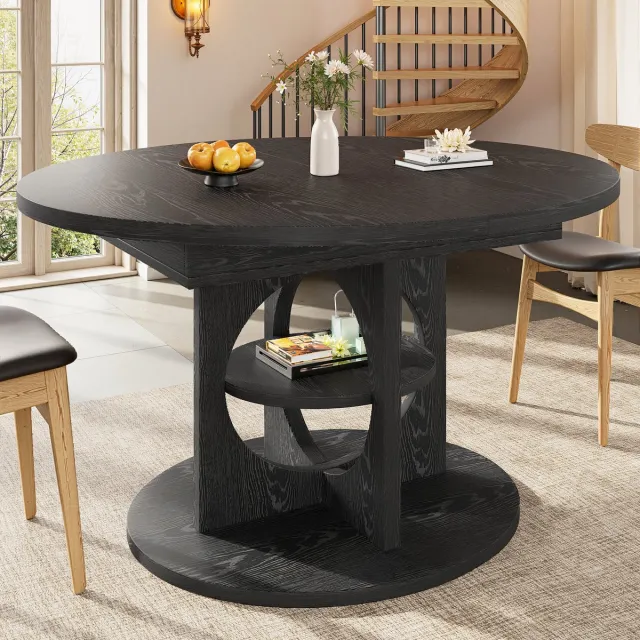 OKWISH Eettafel – Uitschuifbaar Met Opbergrek – Rond Naar Ovaal – Zwart MDF En Metaal – 110 Tot 150 x 110 x 76 cm