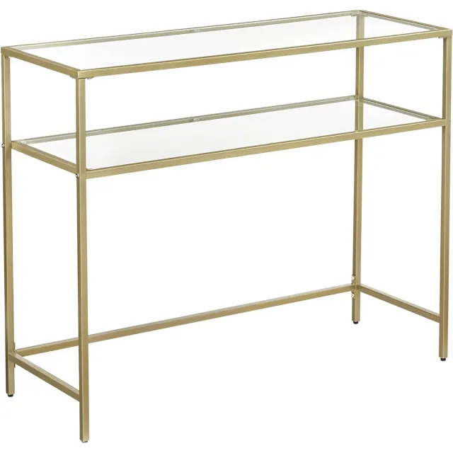 Vasagle consoletafel, bijzettafel met 2 planken, 100 x 35 x 80 cm, gehard glas, opbergrek, metalen frame, verstelbare poten, voor woonkamer, gang, gouden lgt025a01 Metaal