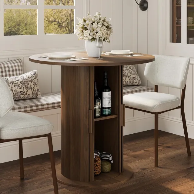 Triumpunpre Ronde eettafel voor 2-4 personen – Onderstel met verborgen opbergruimte – Ruimtebesparende eettafel – 80×80×75 cm – Lichte walnootkleur