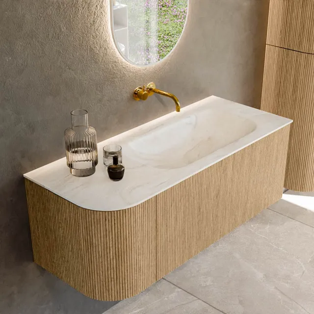 Mondiaz KURVE-DLUX 115 cm Onderkast Greeploos 1 Lade Met Deuren Oak, Wastafel Solid Surface Rechts Ostra 0 Kraangaten Zonder Spiegel (KRVBGS115L1L1D0KR-Oak/Ost)
